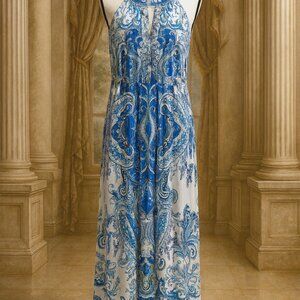 NWT I.N.C. Blue Paisley Maxi Dress | Sleeveless High Neck | Elegant Boho Baroque